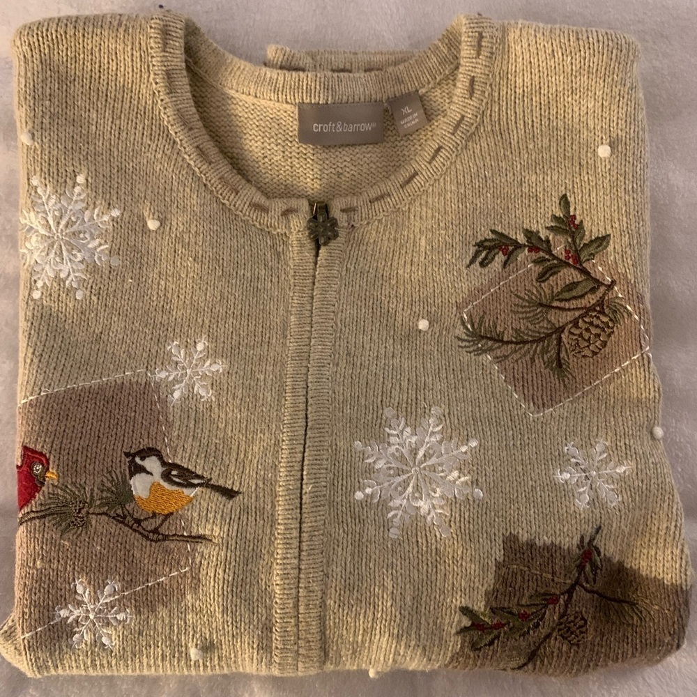 Croft & Barrow Embroidered Cardinal Winter Zip Cardigan Silk Blend Patchwork XL - Picture 16 of 16